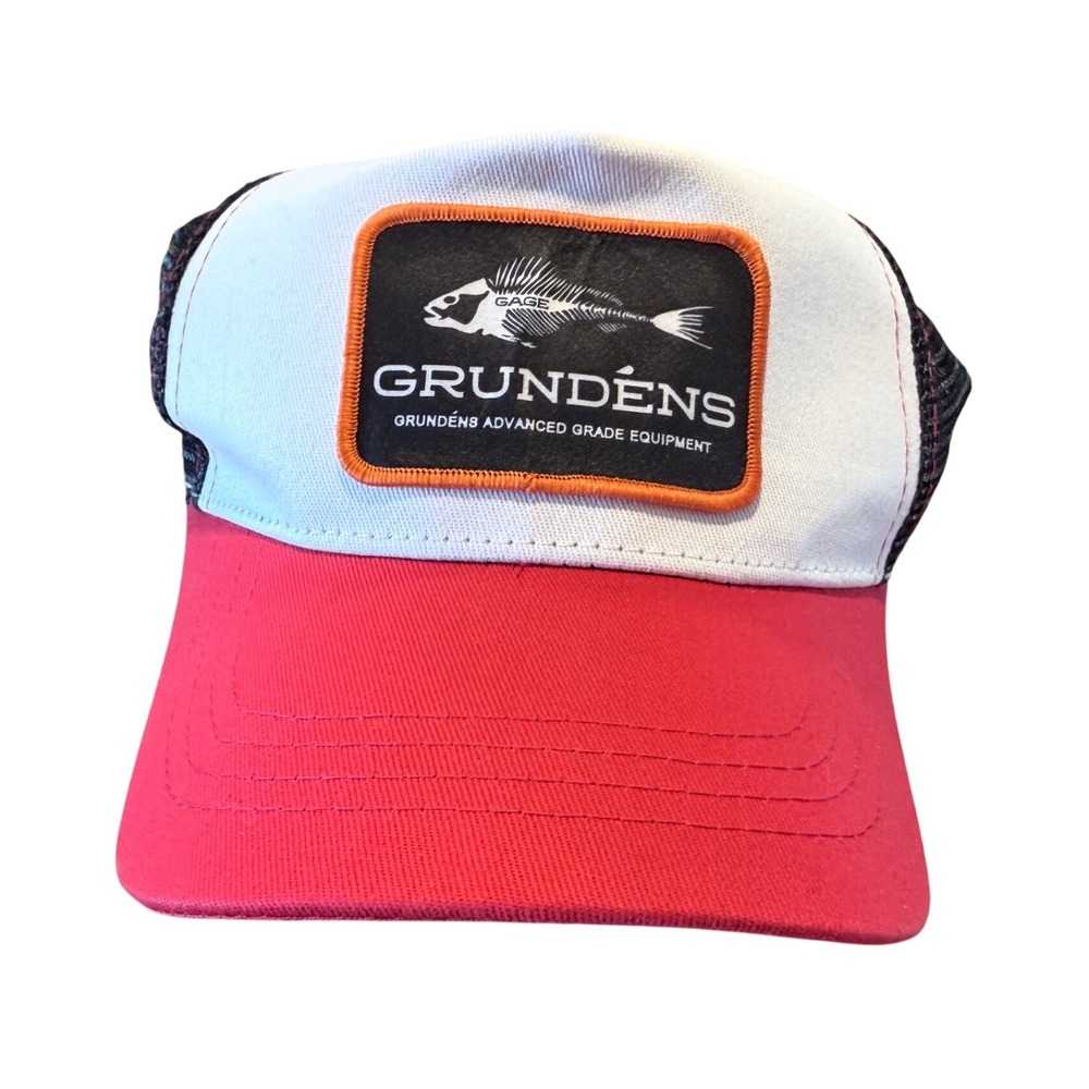 Grundens Gage Fish Skeleton Trucker Hat Red White Black Mesh Snapback Cap